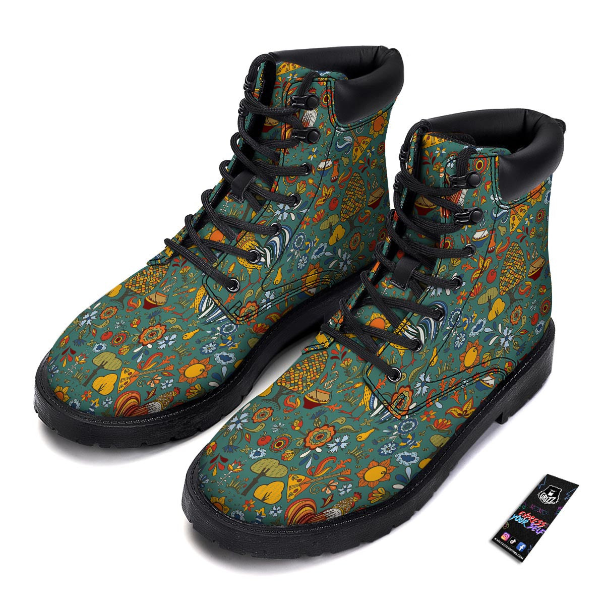 Flower And Rooster Print Pattern Boots-grizzshop