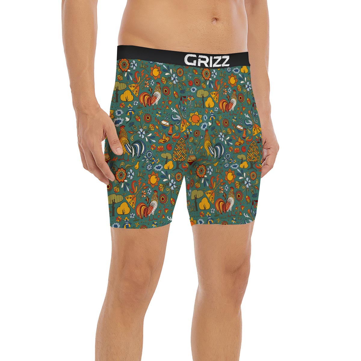 Flower And Rooster Print Pattern Boxer Briefs-grizzshop