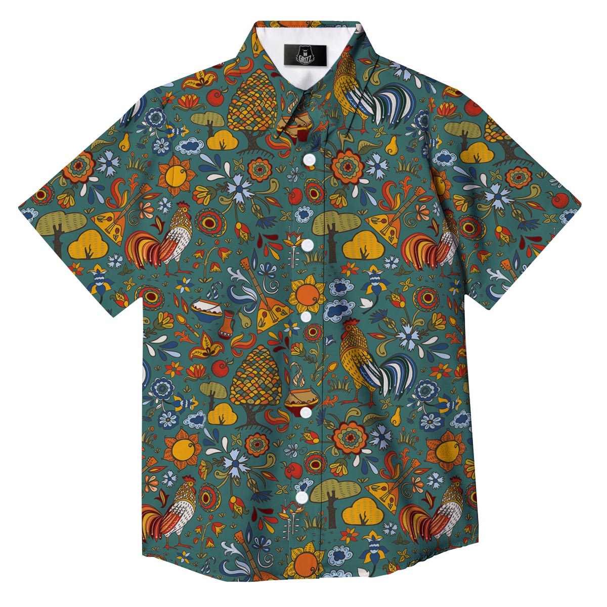 Flower And Rooster Print Pattern Button Up Shirt-grizzshop