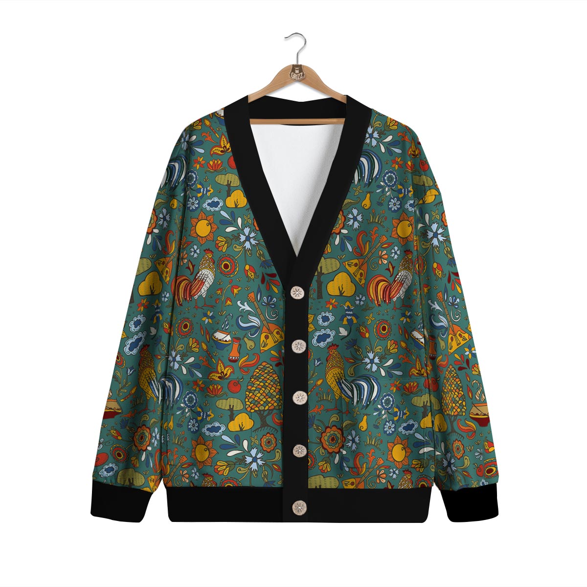 Flower And Rooster Print Pattern Cardigan-grizzshop