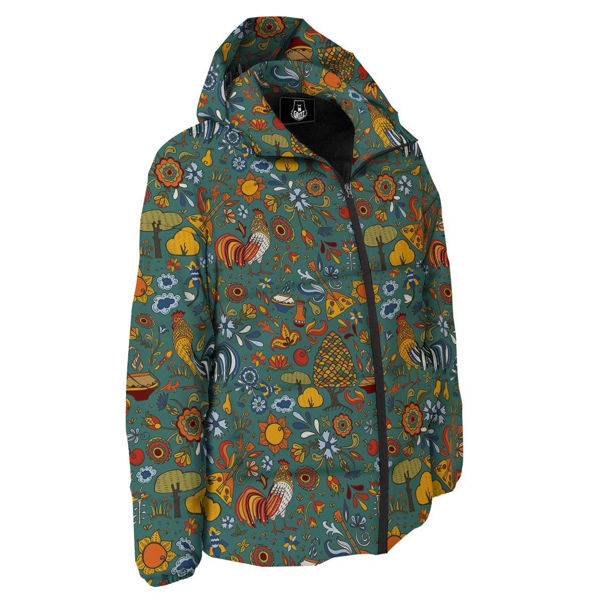 Flower And Rooster Print Pattern Down Jacket-grizzshop
