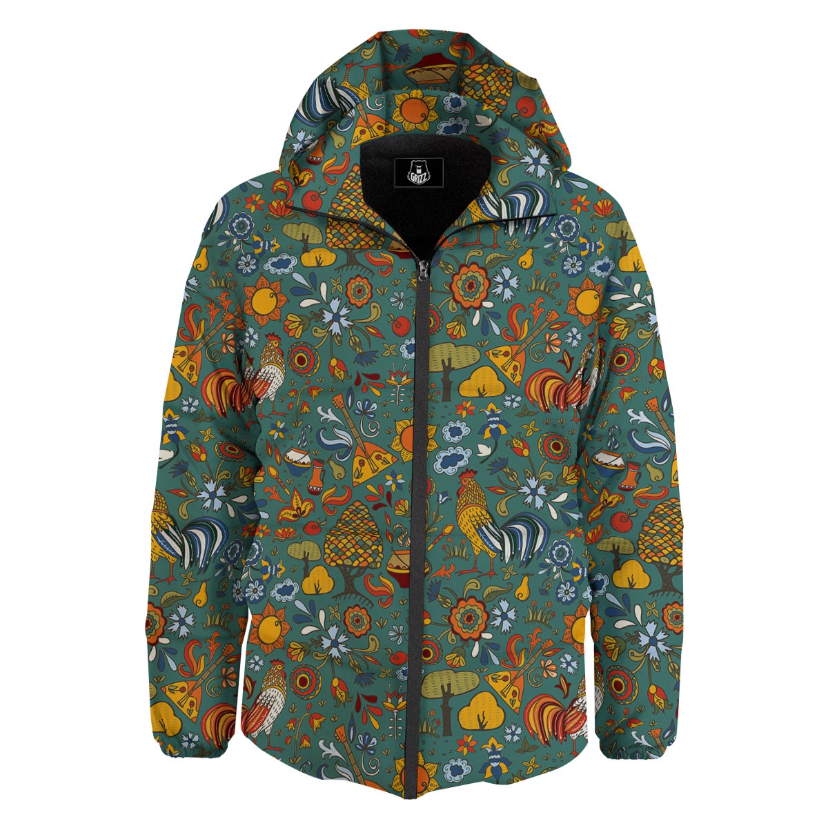 Flower And Rooster Print Pattern Down Jacket-grizzshop