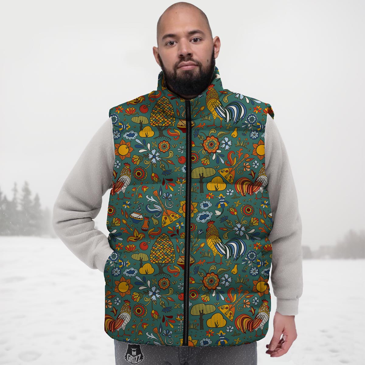 Flower And Rooster Print Pattern Down Vest