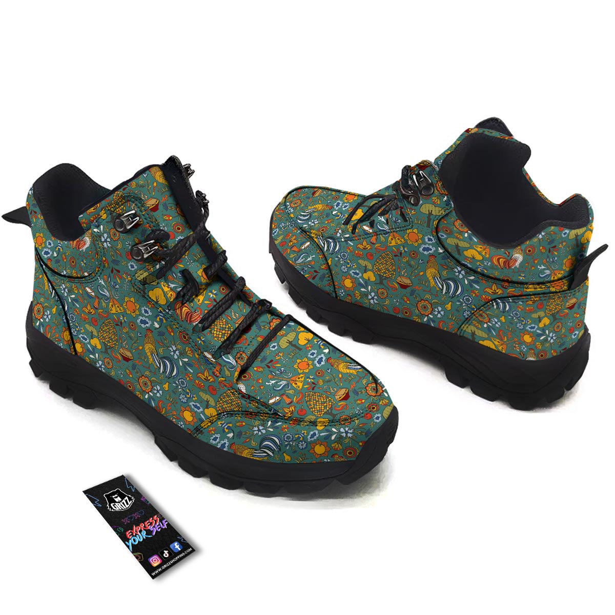 Flower And Rooster Print Pattern Hiking Shoes-grizzshop