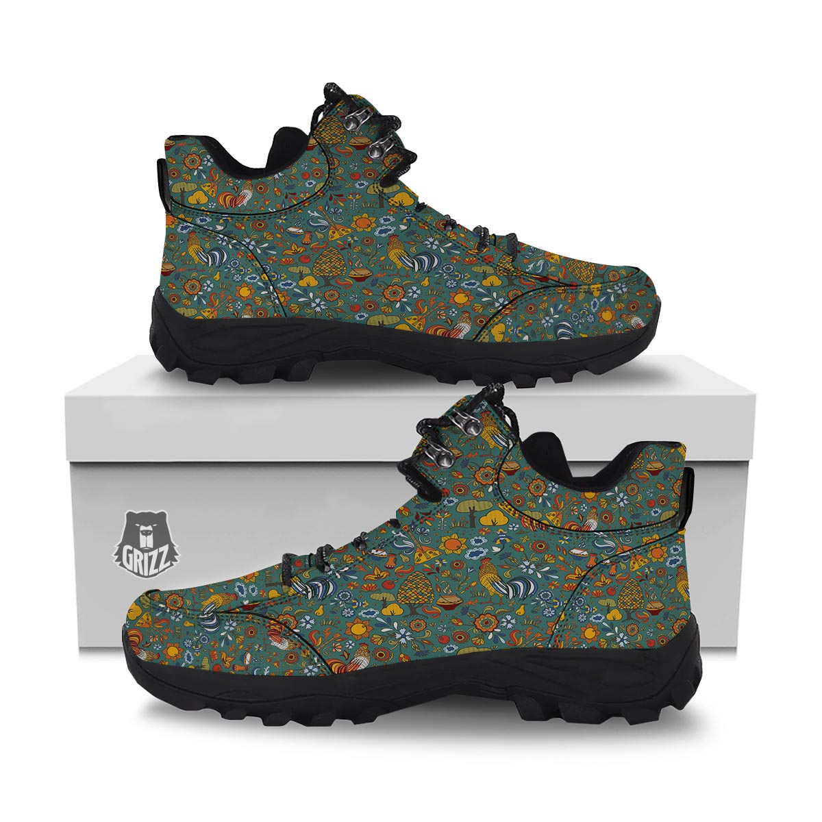 Flower And Rooster Print Pattern Hiking Shoes-grizzshop