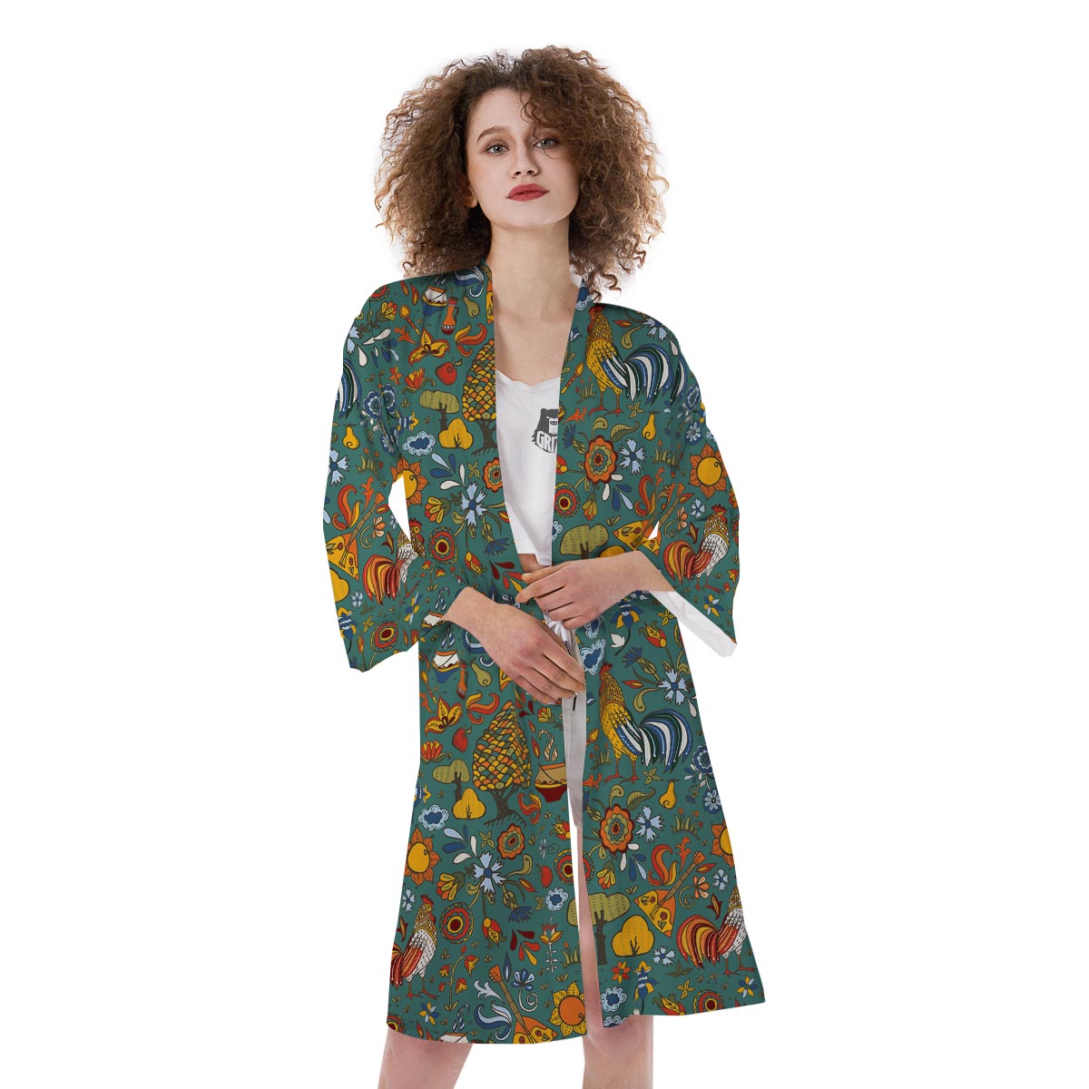Flower And Rooster Print Pattern Kimono-grizzshop