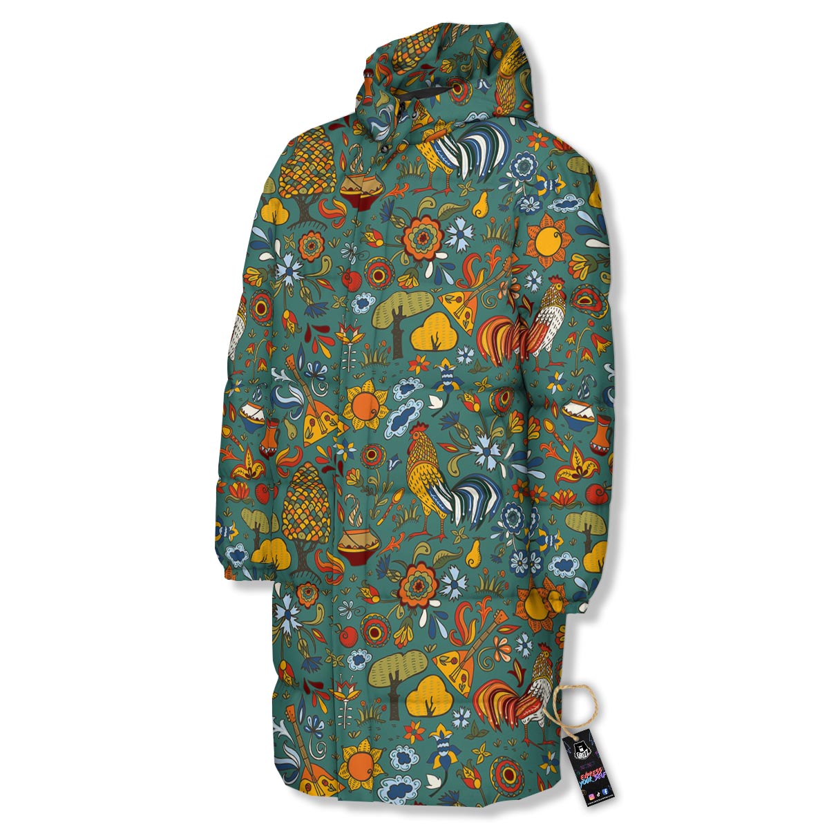 Flower And Rooster Print Pattern Long Down Jacket-grizzshop