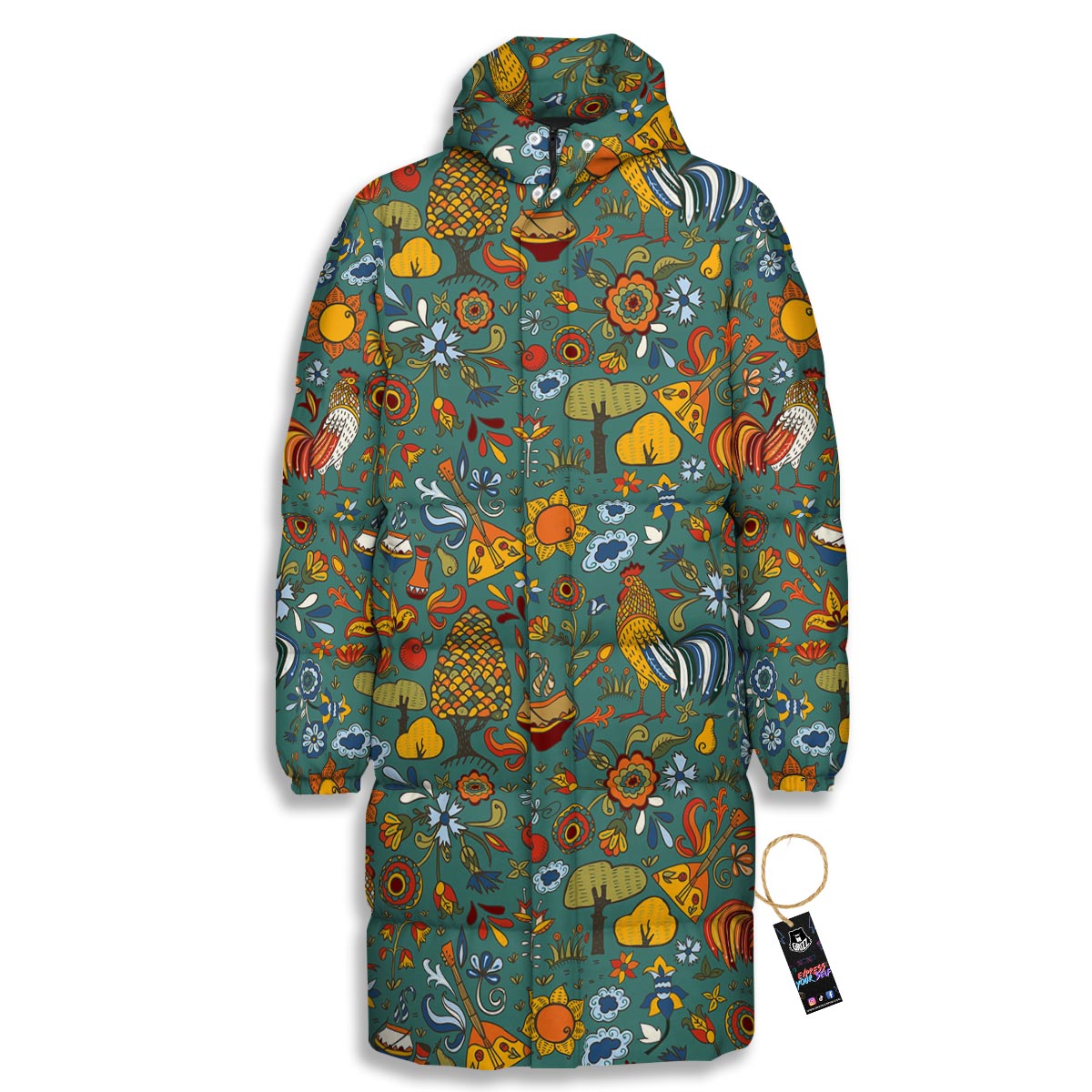 Flower And Rooster Print Pattern Long Down Jacket-grizzshop