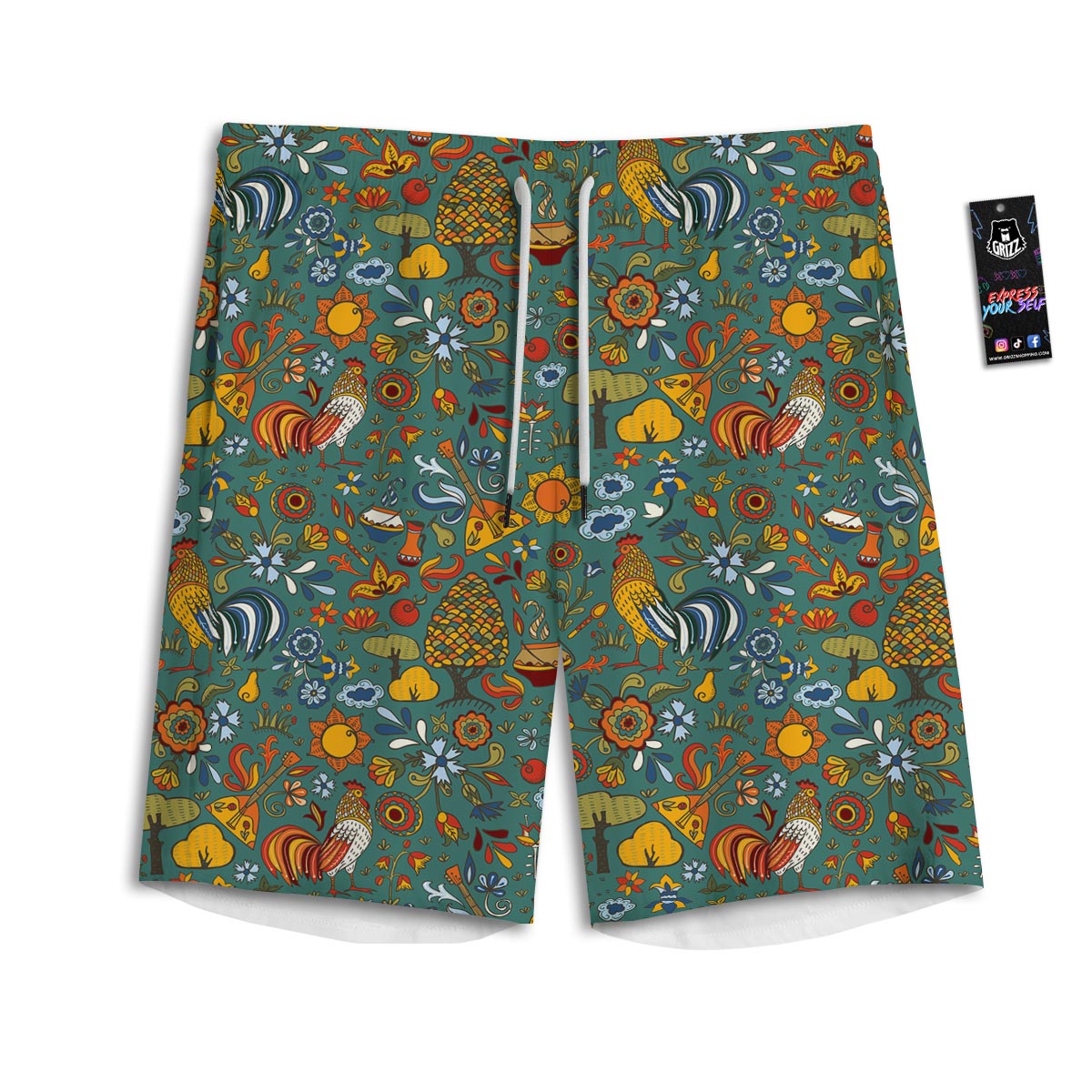 Flower And Rooster Print Pattern Men's Athletic Shorts