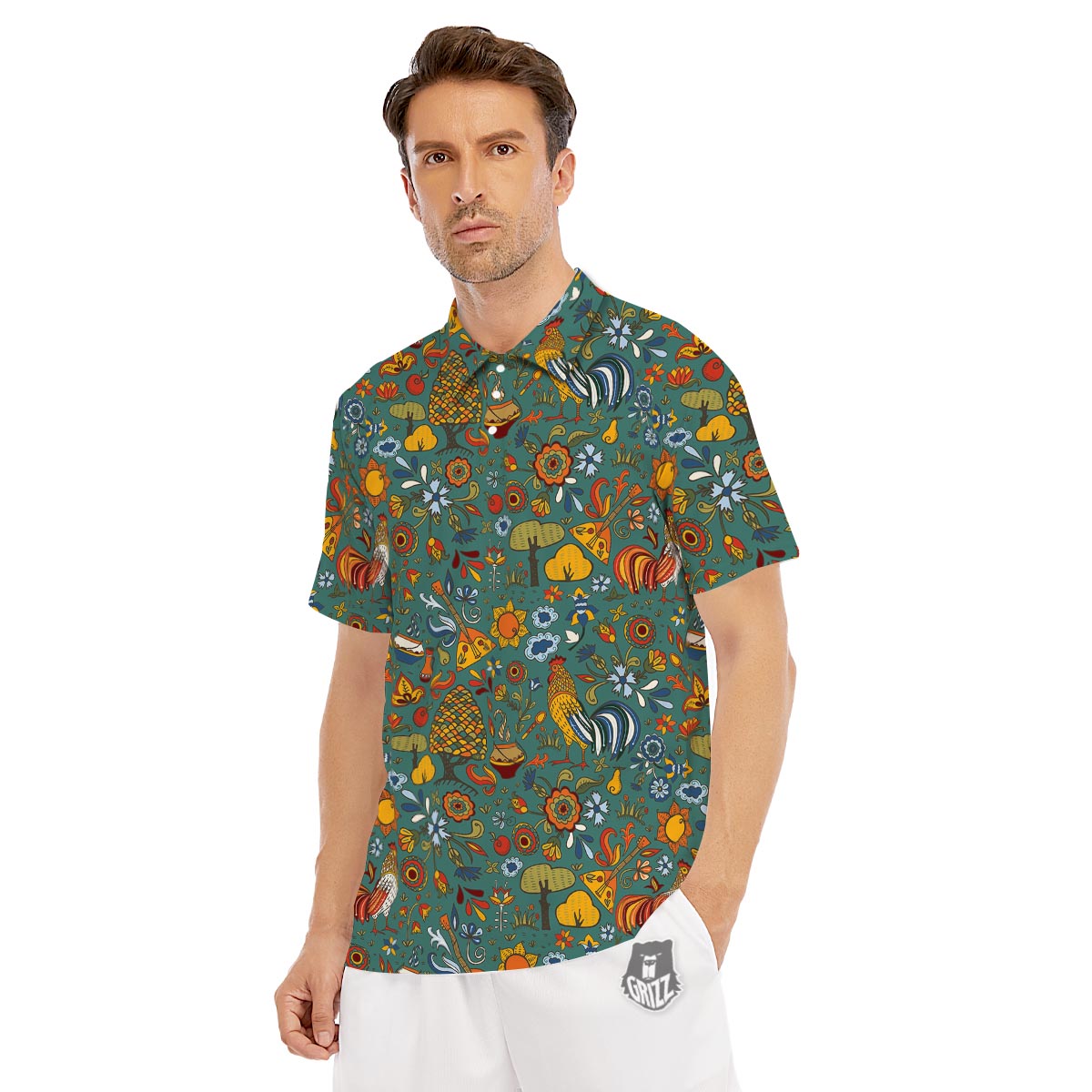 Flower And Rooster Print Pattern Men's Golf Shirts-grizzshop
