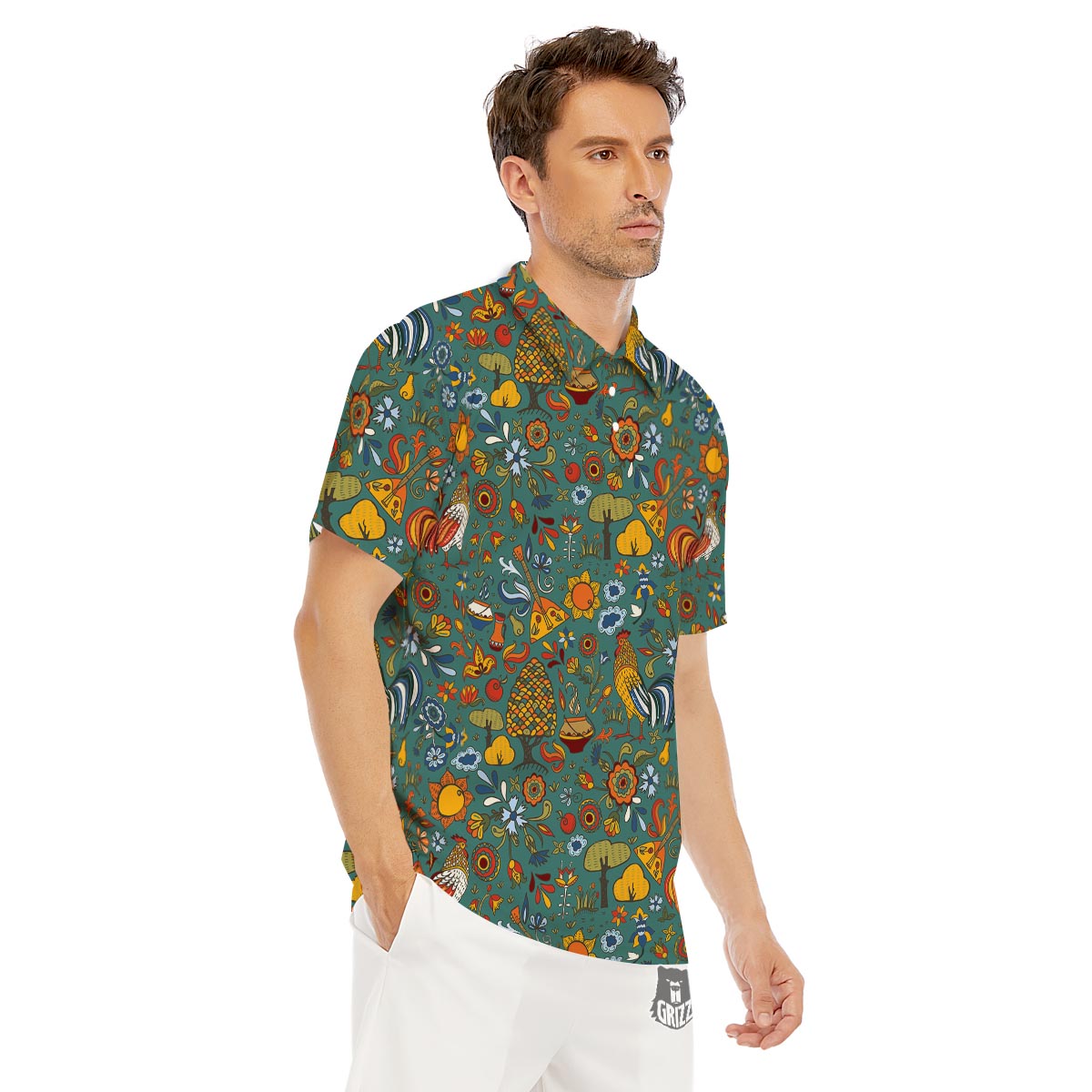 Flower And Rooster Print Pattern Men's Golf Shirts-grizzshop