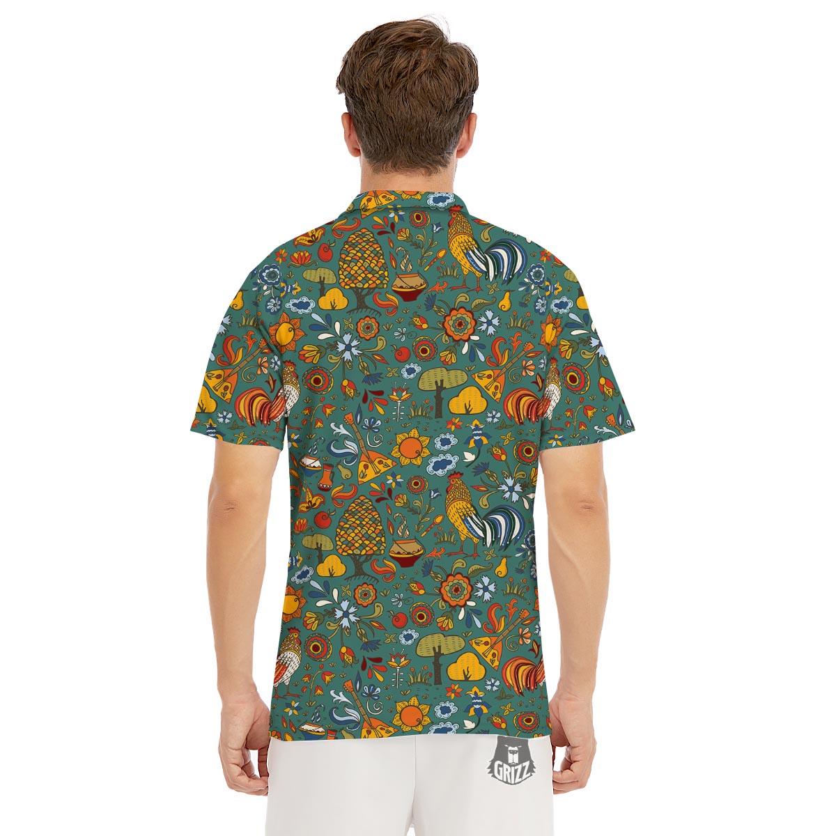 Flower And Rooster Print Pattern Men's Golf Shirts-grizzshop