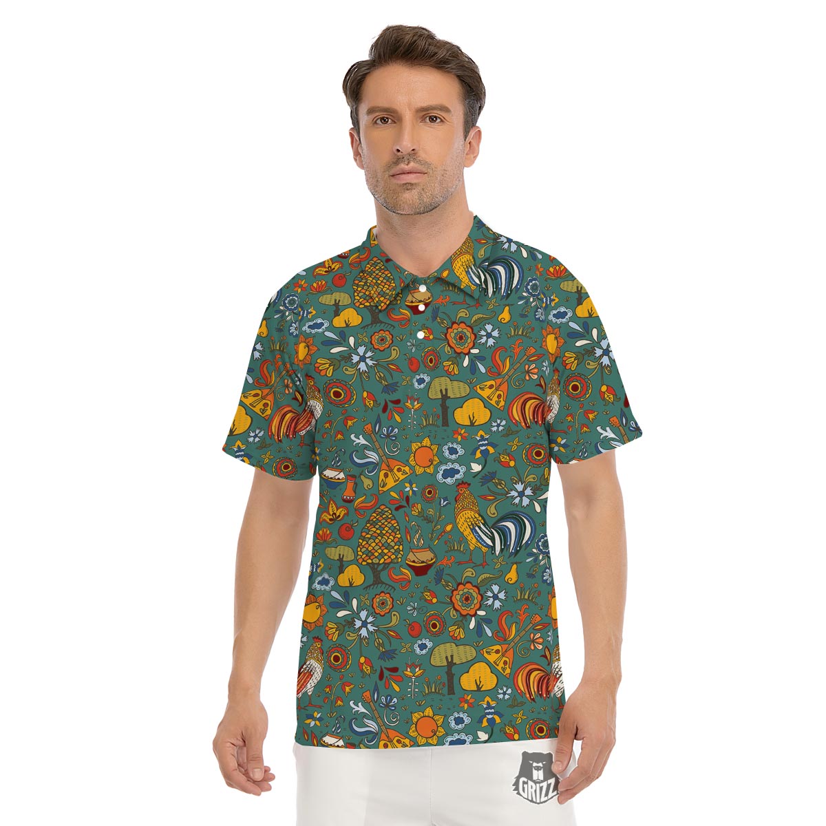 Flower And Rooster Print Pattern Men's Golf Shirts-grizzshop