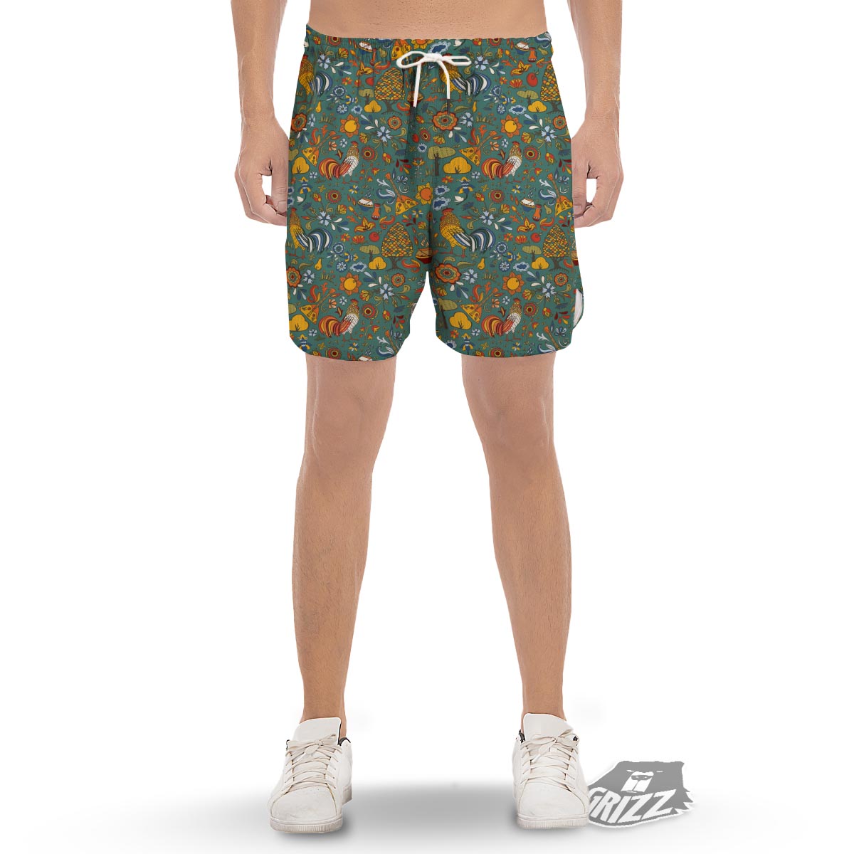 Flower And Rooster Print Pattern Men's Gym Shorts-grizzshop