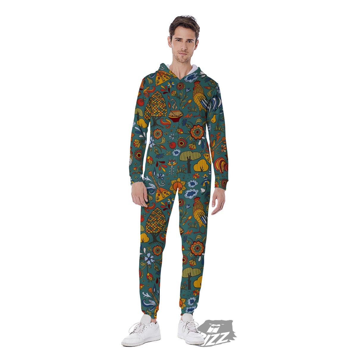 Flower And Rooster Print Pattern Men's Jumpsuit-grizzshop