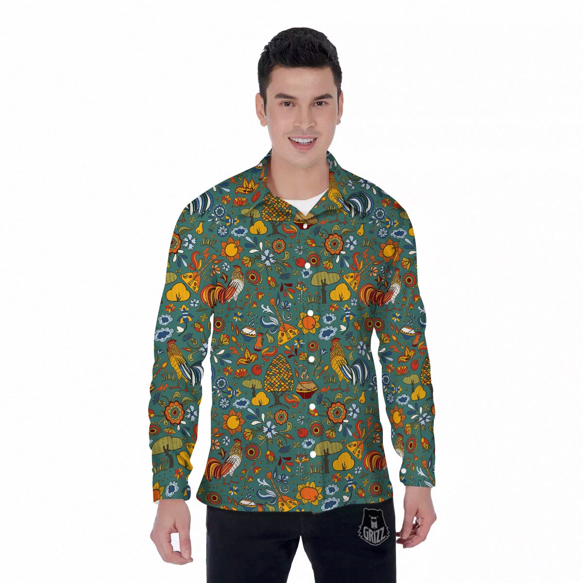 Flower And Rooster Print Pattern Men's Long Sleeve Shirts-grizzshop