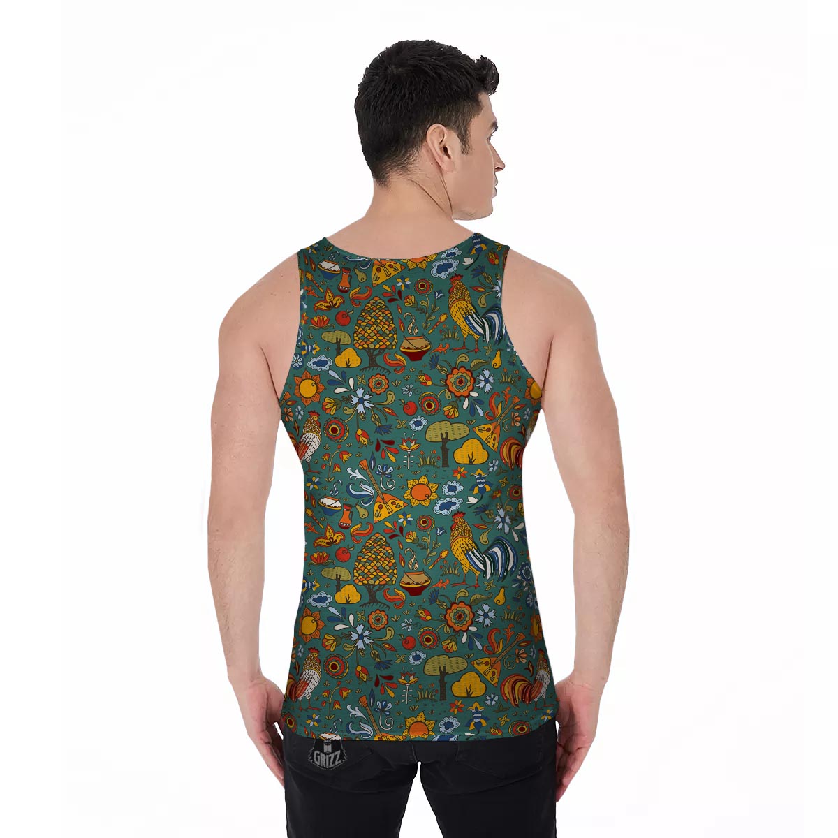 Flower And Rooster Print Pattern Men's Tank Top-grizzshop