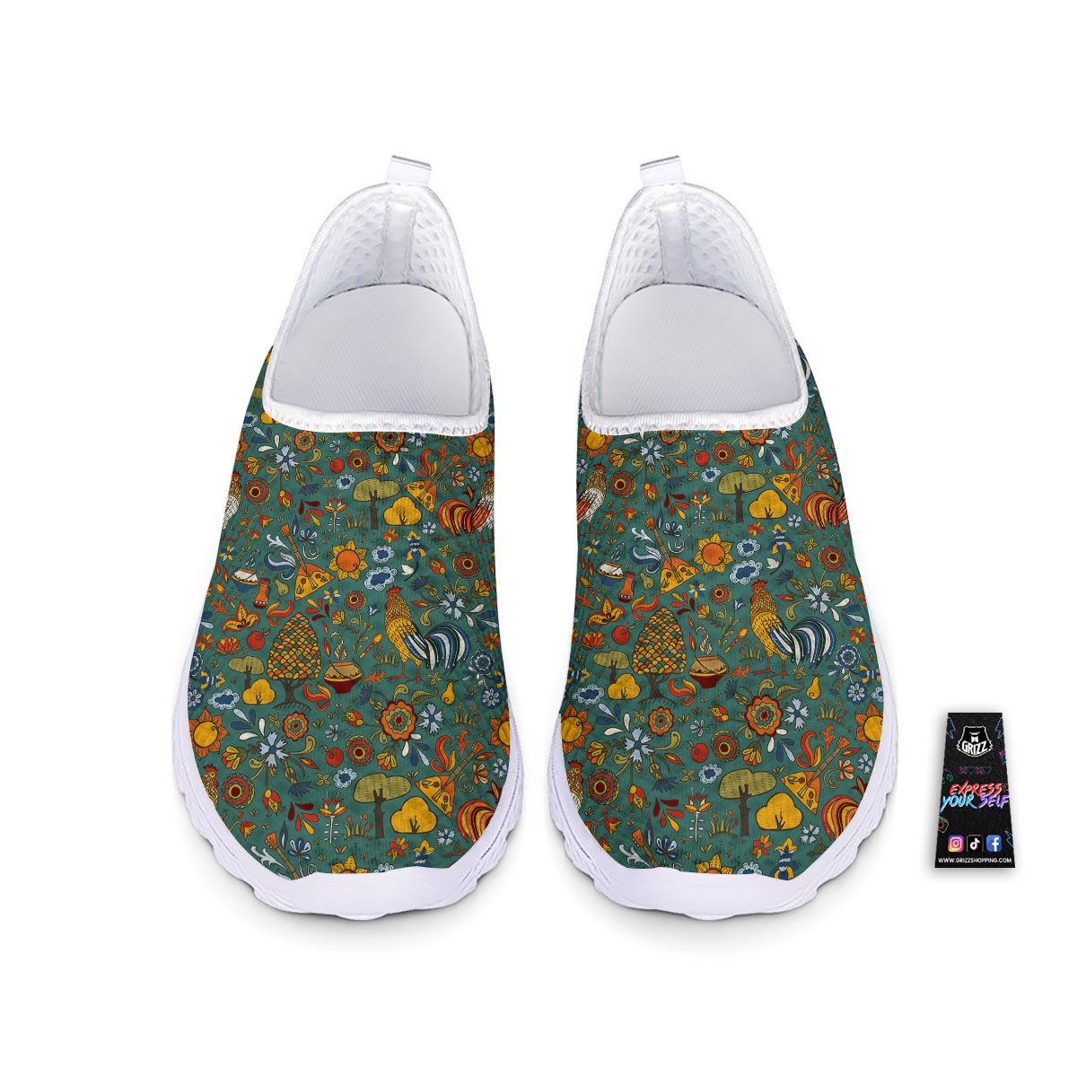 Flower And Rooster Print Pattern Nurse Shoes-grizzshop