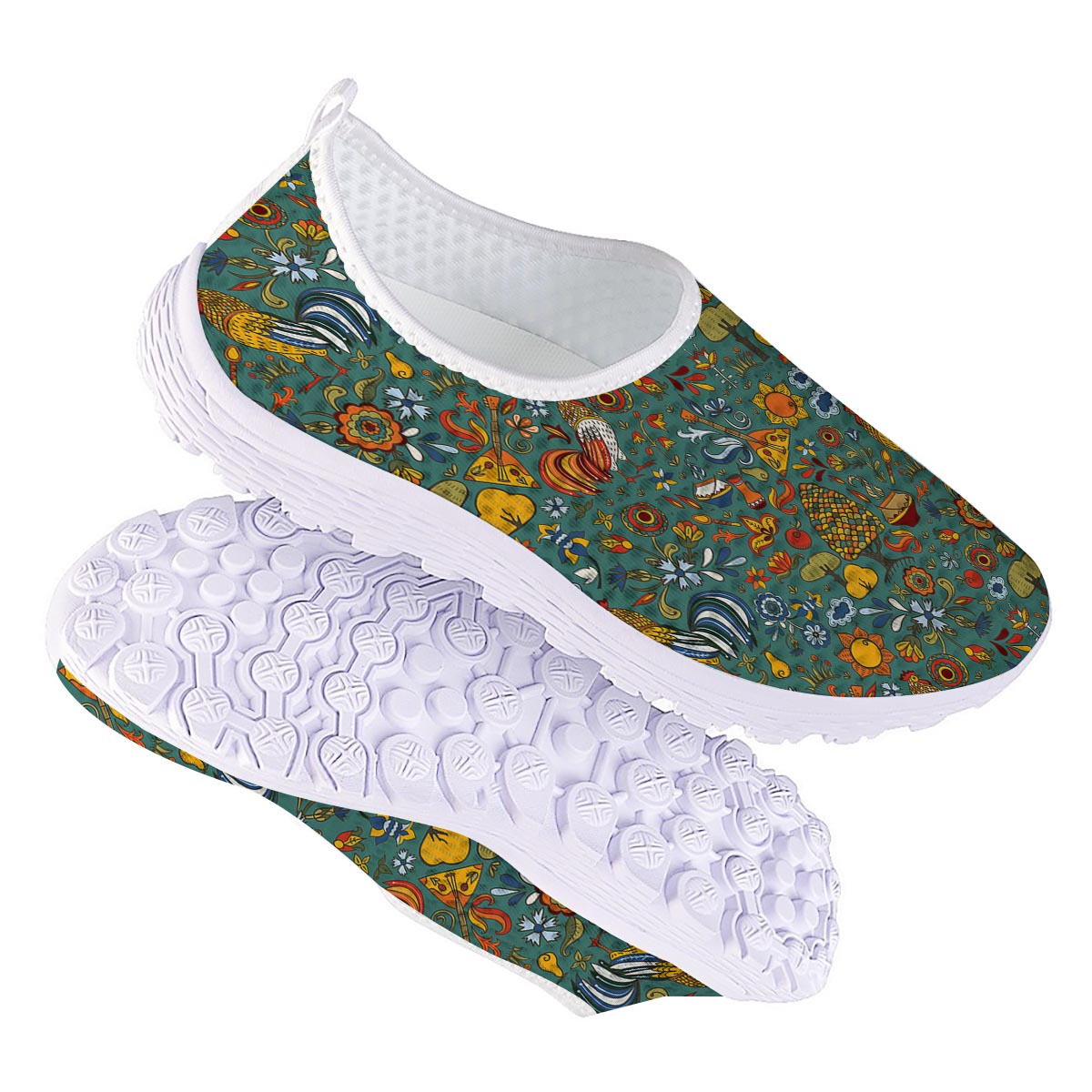Flower And Rooster Print Pattern Nurse Shoes-grizzshop