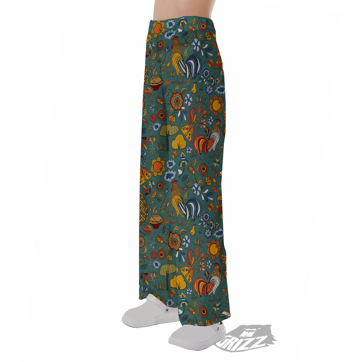 Flower And Rooster Print Pattern Pajama Pants-grizzshop