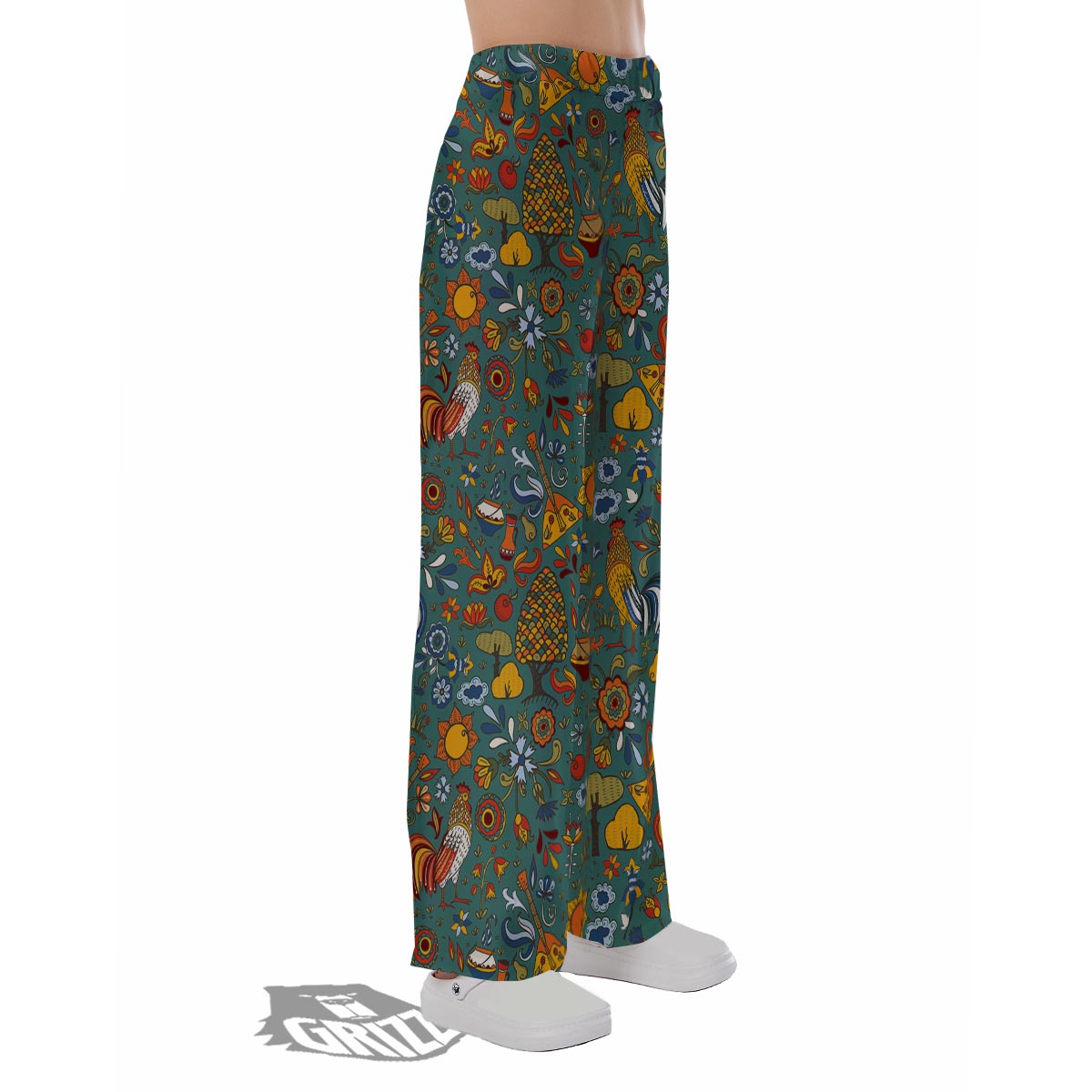 Flower And Rooster Print Pattern Pajama Pants-grizzshop