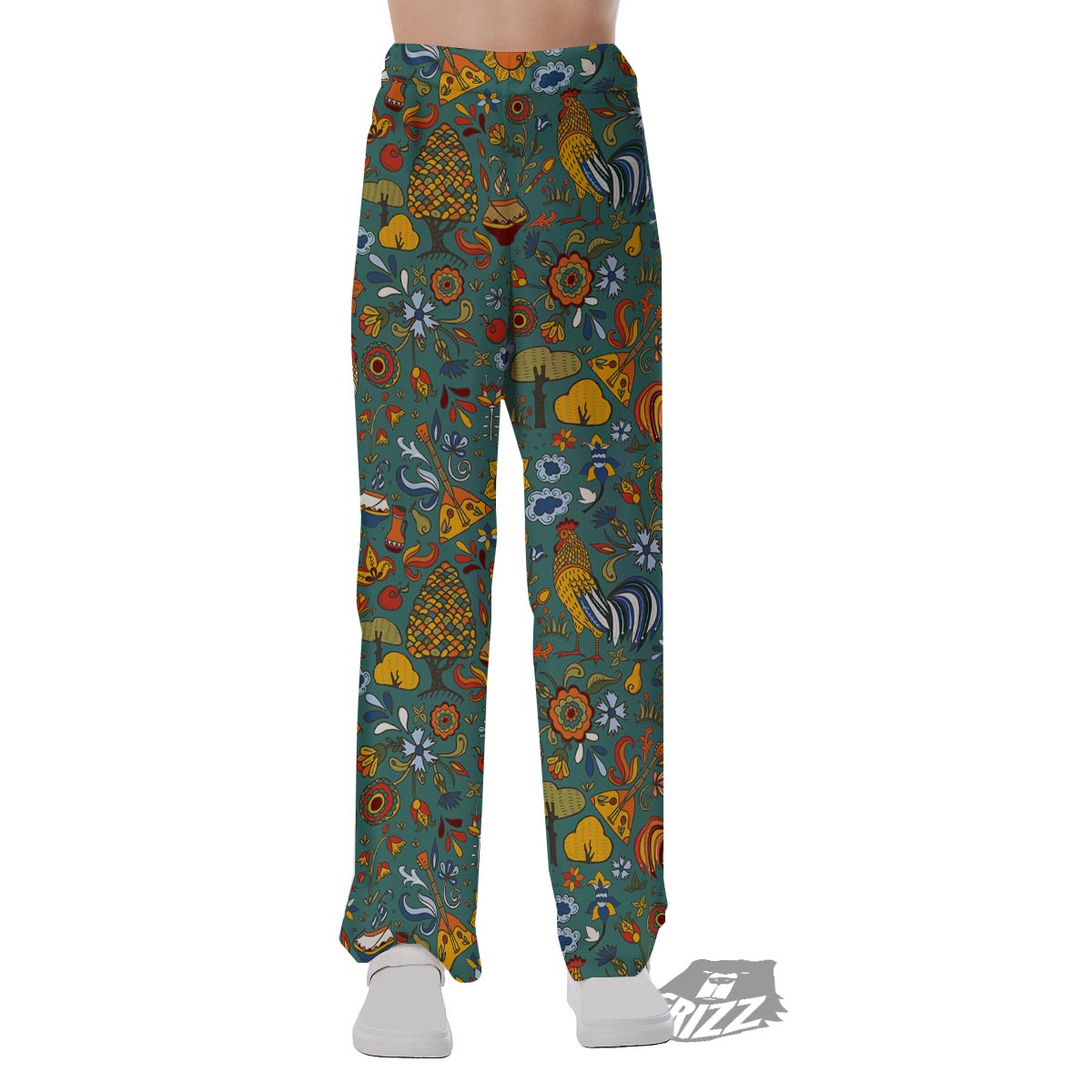 Flower And Rooster Print Pattern Pajama Pants-grizzshop