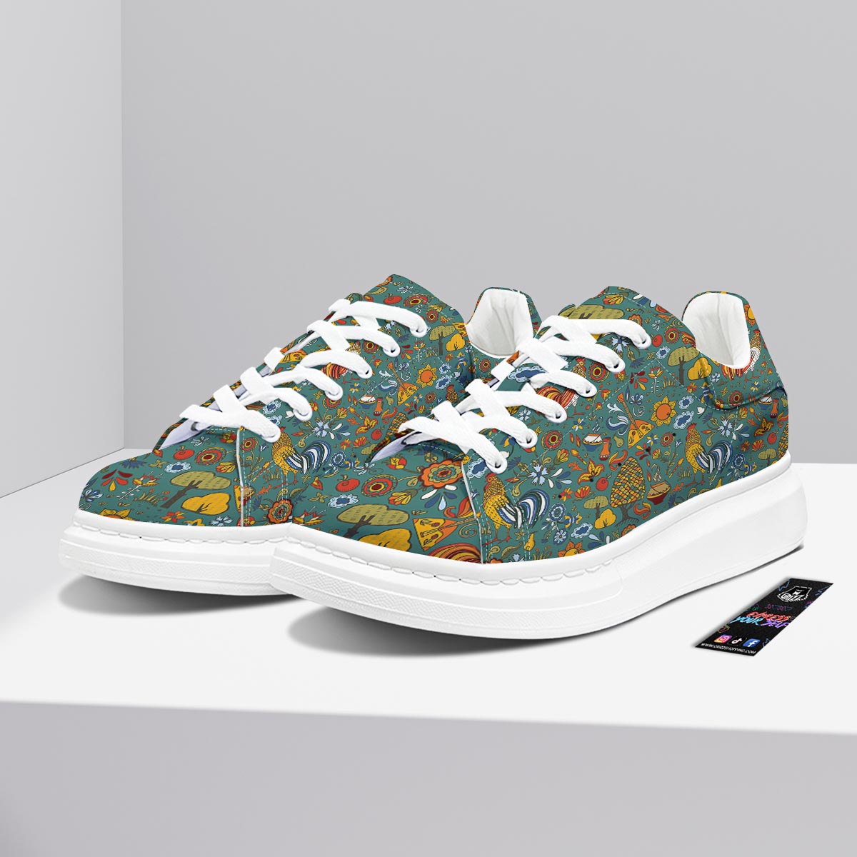 Flower And Rooster Print Pattern Platform Shoes-grizzshop