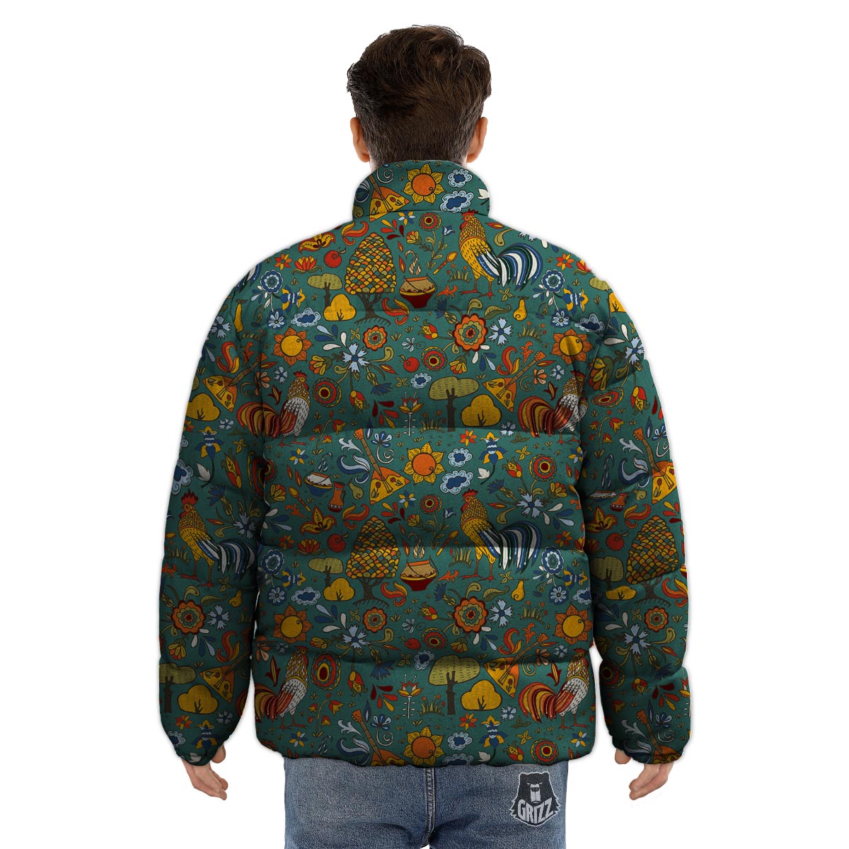 Flower And Rooster Print Pattern Puffer Jacket-grizzshop