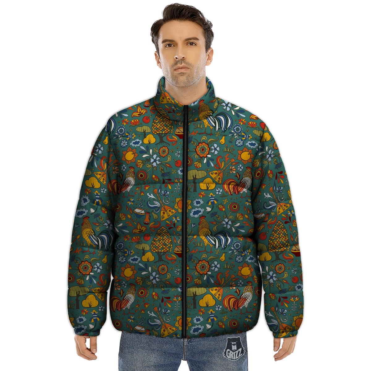 Flower And Rooster Print Pattern Puffer Jacket-grizzshop
