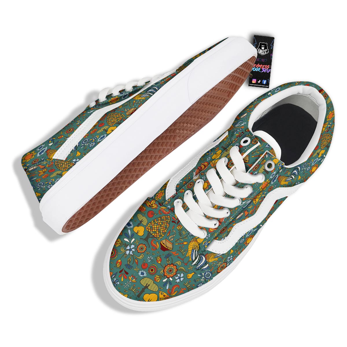 Flower And Rooster Print Pattern Skate Shoes-grizzshop