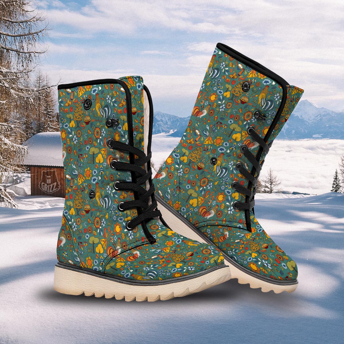 Flower And Rooster Print Pattern Snow Boots-grizzshop