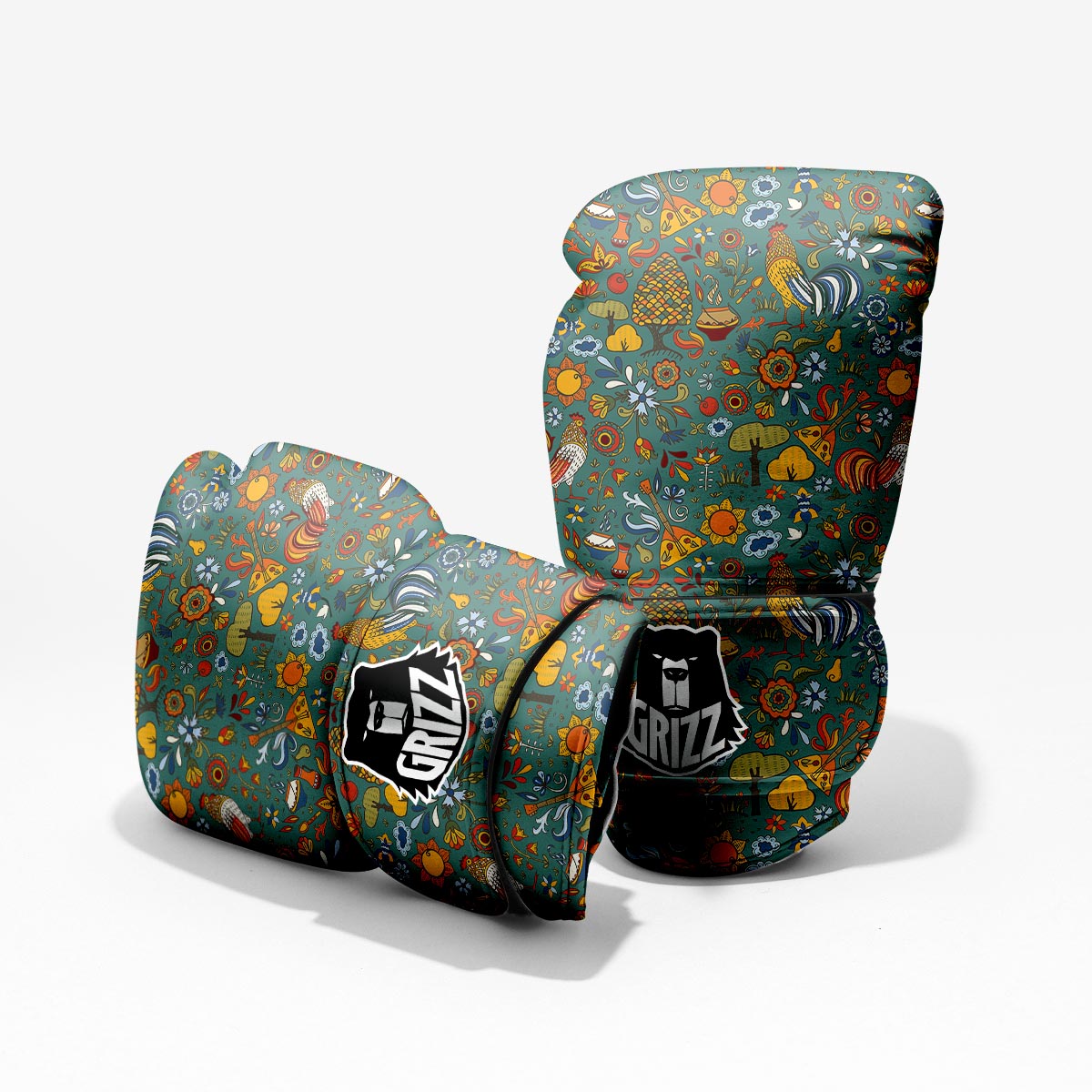 Flower And Rooster Print Pattern Pro Boxing Glove