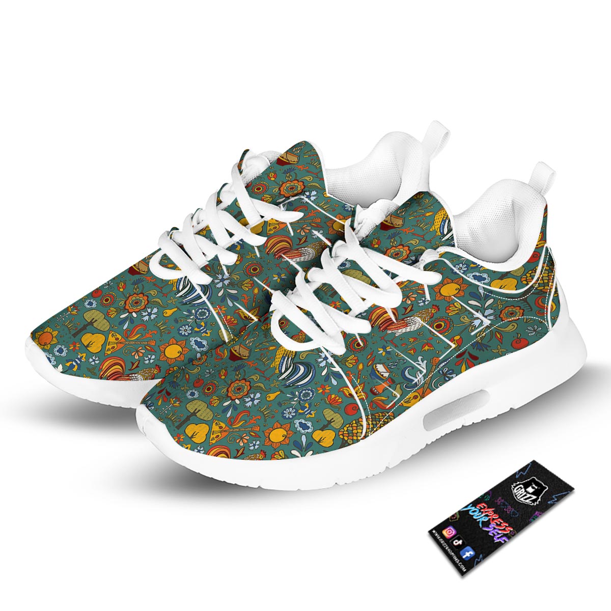 Flower And Rooster Print Pattern Tennis Shoes-grizzshop