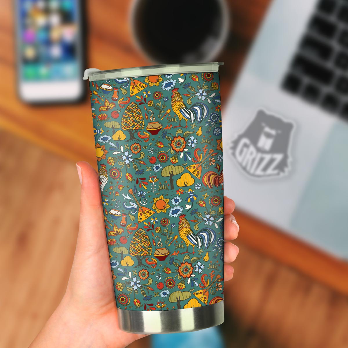 Flower And Rooster Print Pattern Tumbler-grizzshop