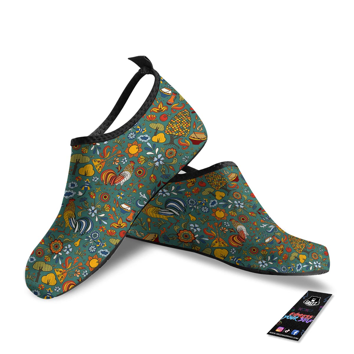 Flower And Rooster Print Pattern Water Shoes-grizzshop