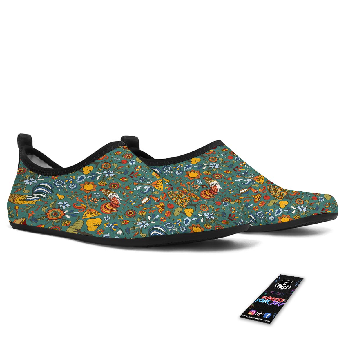 Flower And Rooster Print Pattern Water Shoes-grizzshop