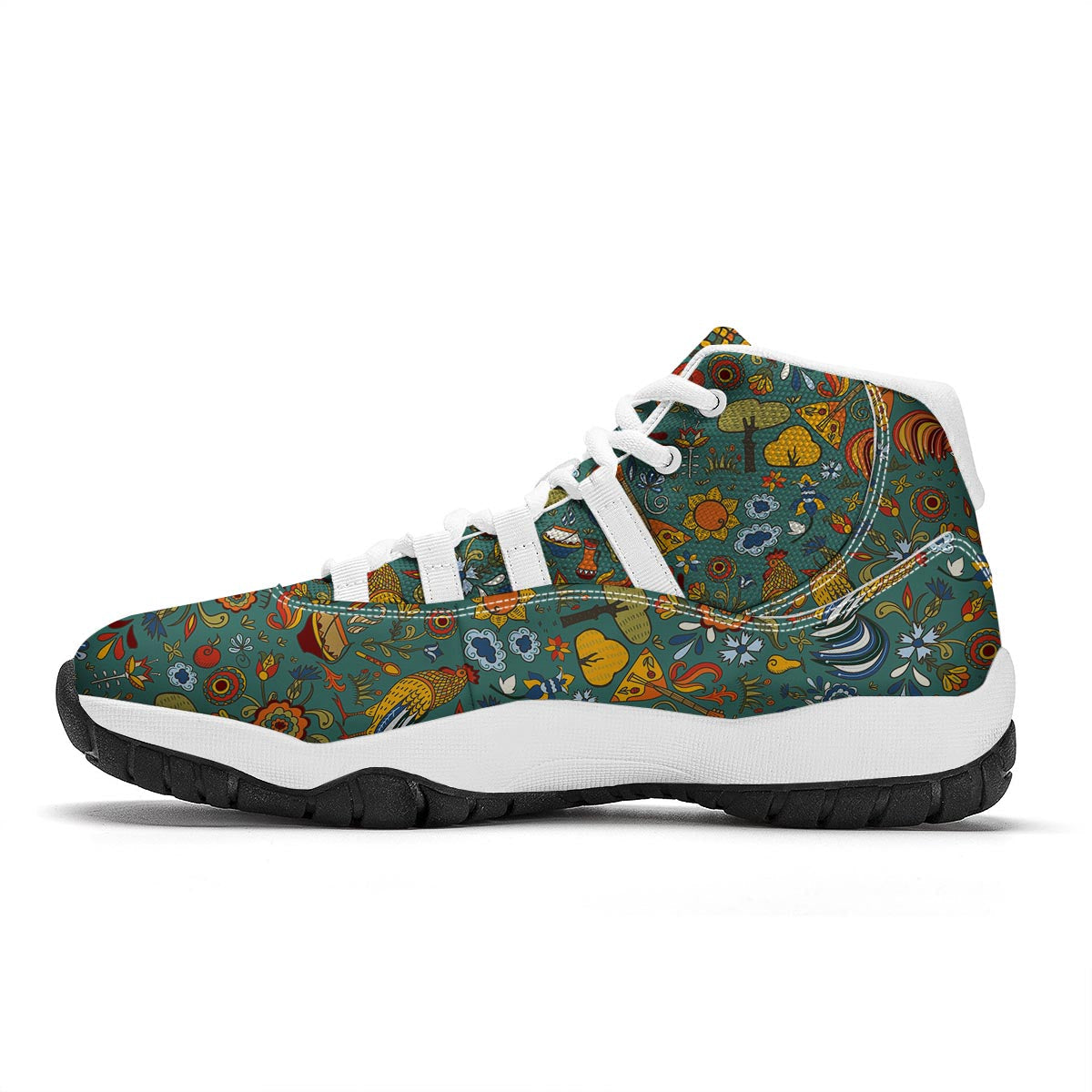 Flower And Rooster Print Pattern White Bball Shoes-grizzshop