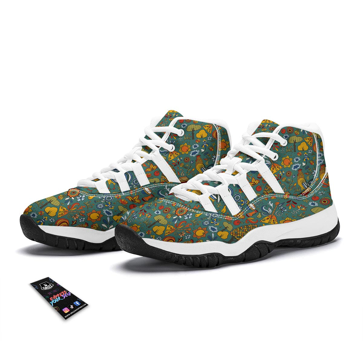Flower And Rooster Print Pattern White Bball Shoes-grizzshop