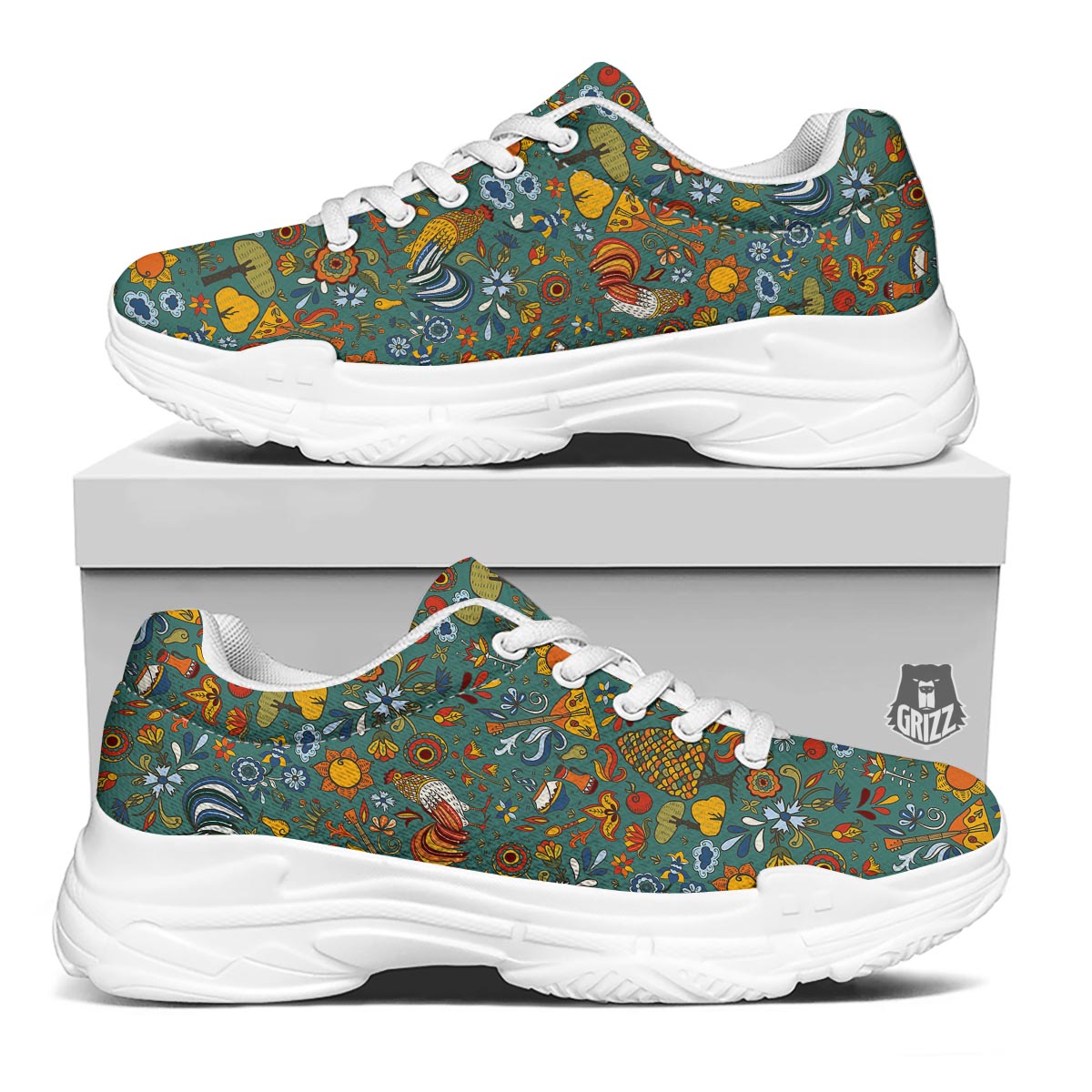 Flower And Rooster Print Pattern White Chunky Shoes-grizzshop