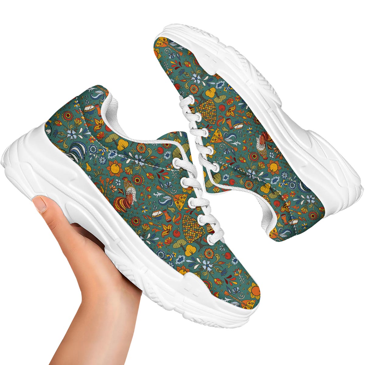 Flower And Rooster Print Pattern White Chunky Shoes-grizzshop