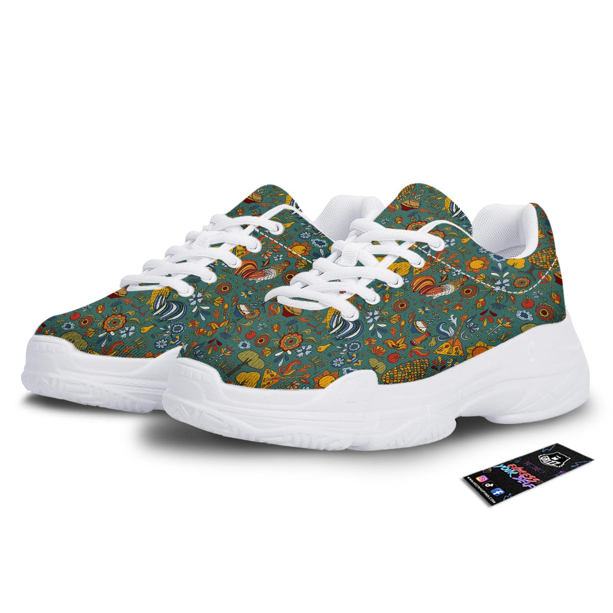 Flower And Rooster Print Pattern White Chunky Shoes-grizzshop