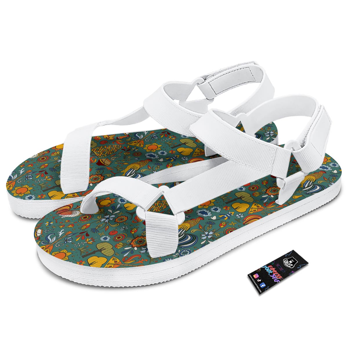 Flower And Rooster Print Pattern White Open Toe Sandals-grizzshop