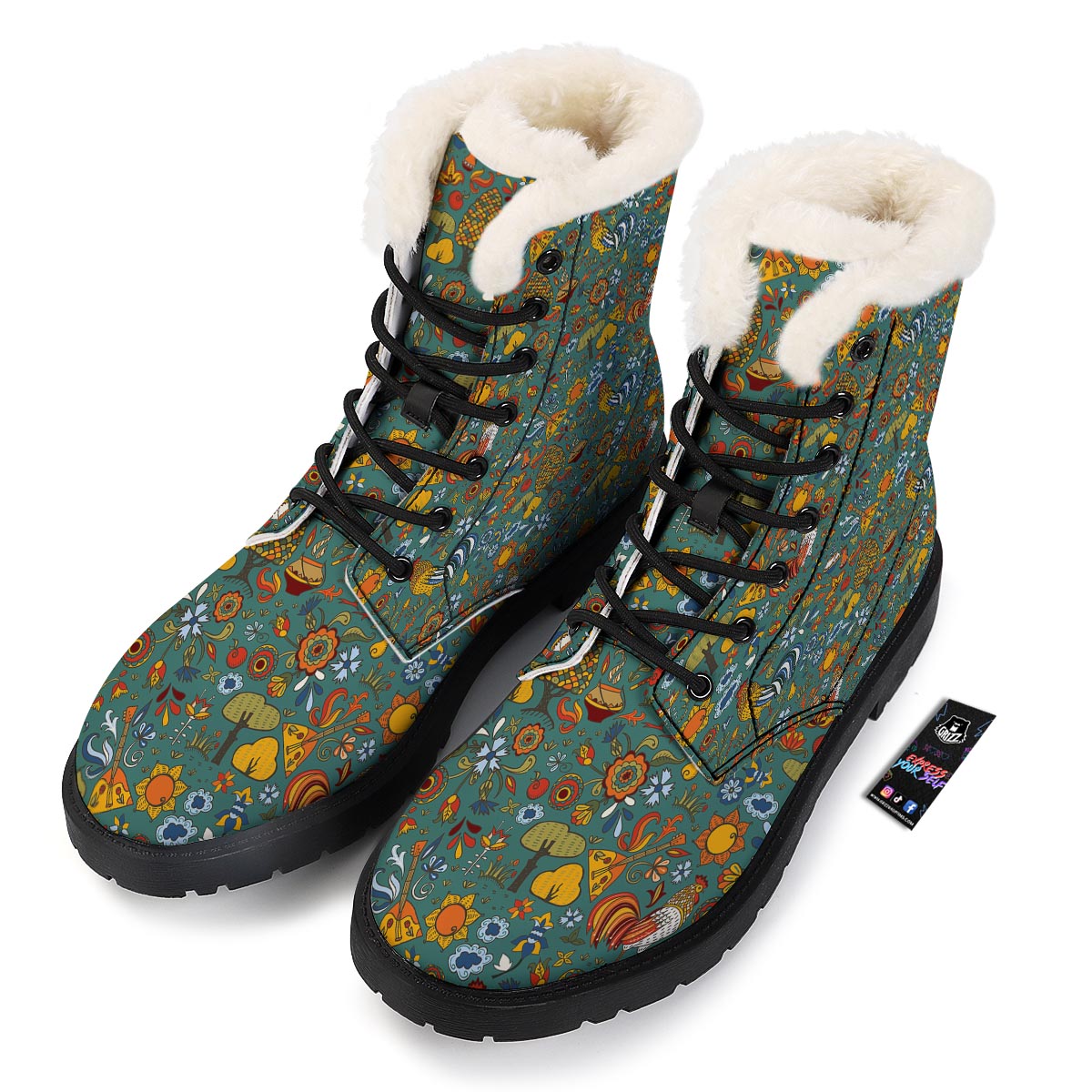 Flower And Rooster Print Pattern Winter Boots-grizzshop