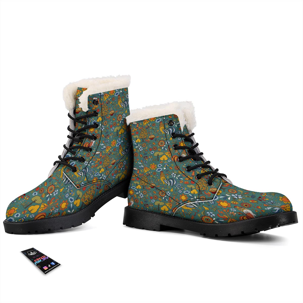 Flower And Rooster Print Pattern Winter Boots-grizzshop