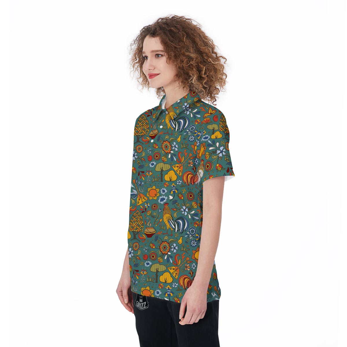 Flower And Rooster Print Pattern Women's Golf Shirts-grizzshop