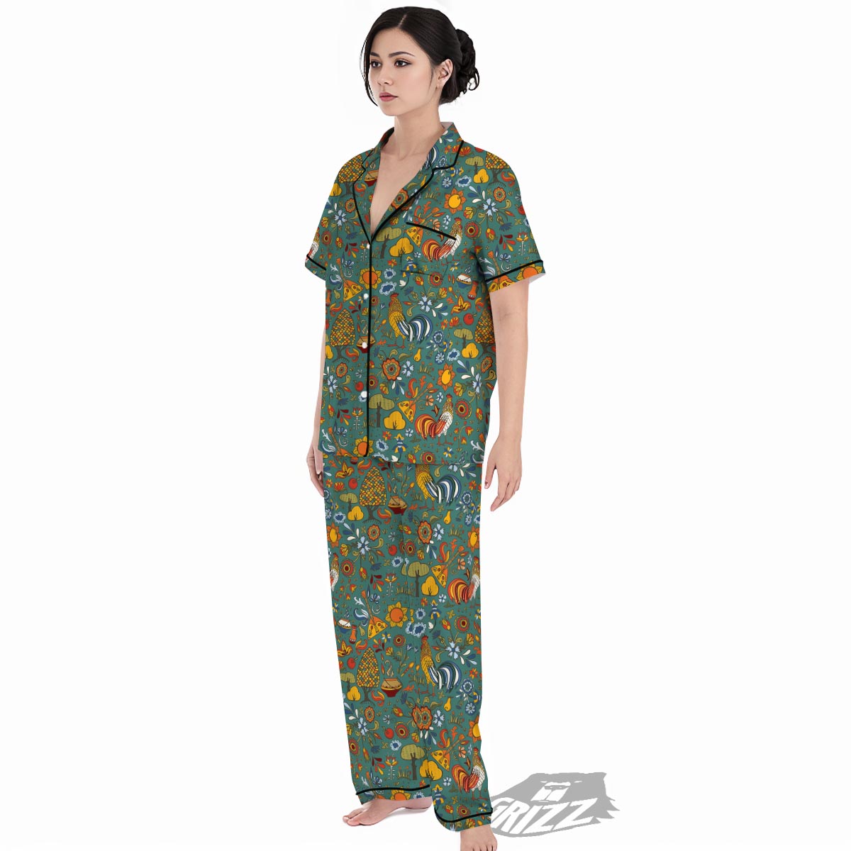 Flower And Rooster Print Pattern Women's Pajamas Set-grizzshop