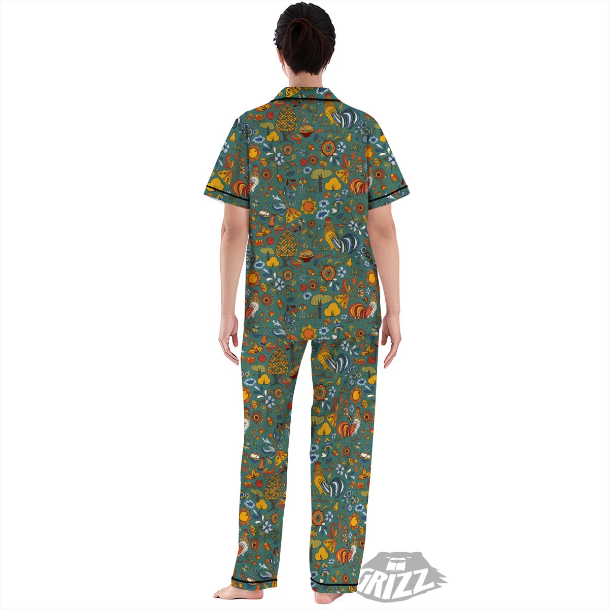 Flower And Rooster Print Pattern Women's Pajamas Set-grizzshop