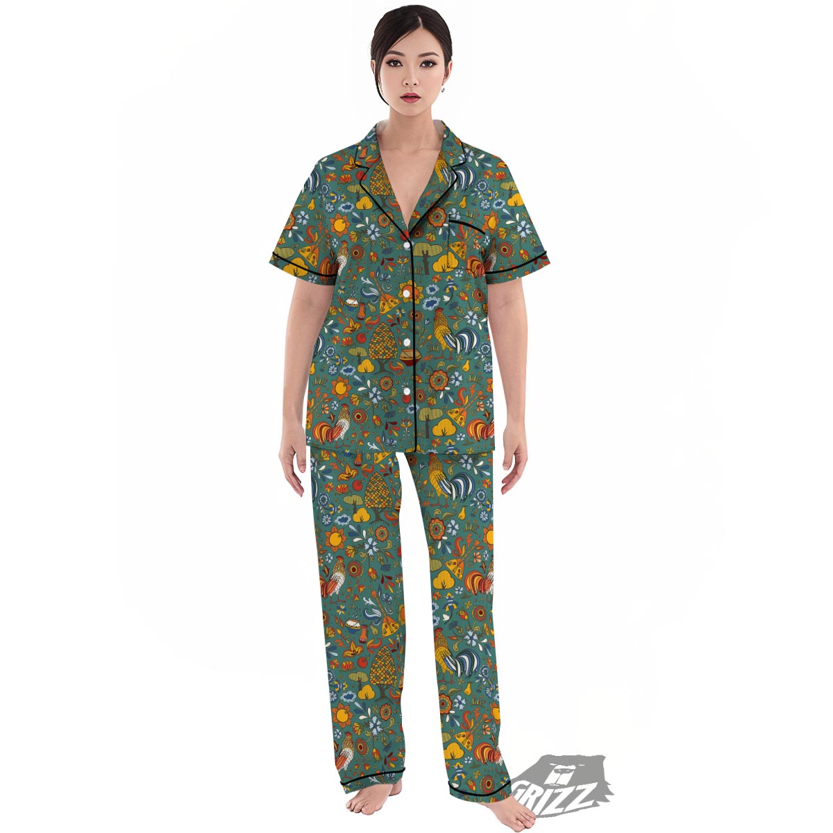 Flower And Rooster Print Pattern Women's Pajamas Set-grizzshop
