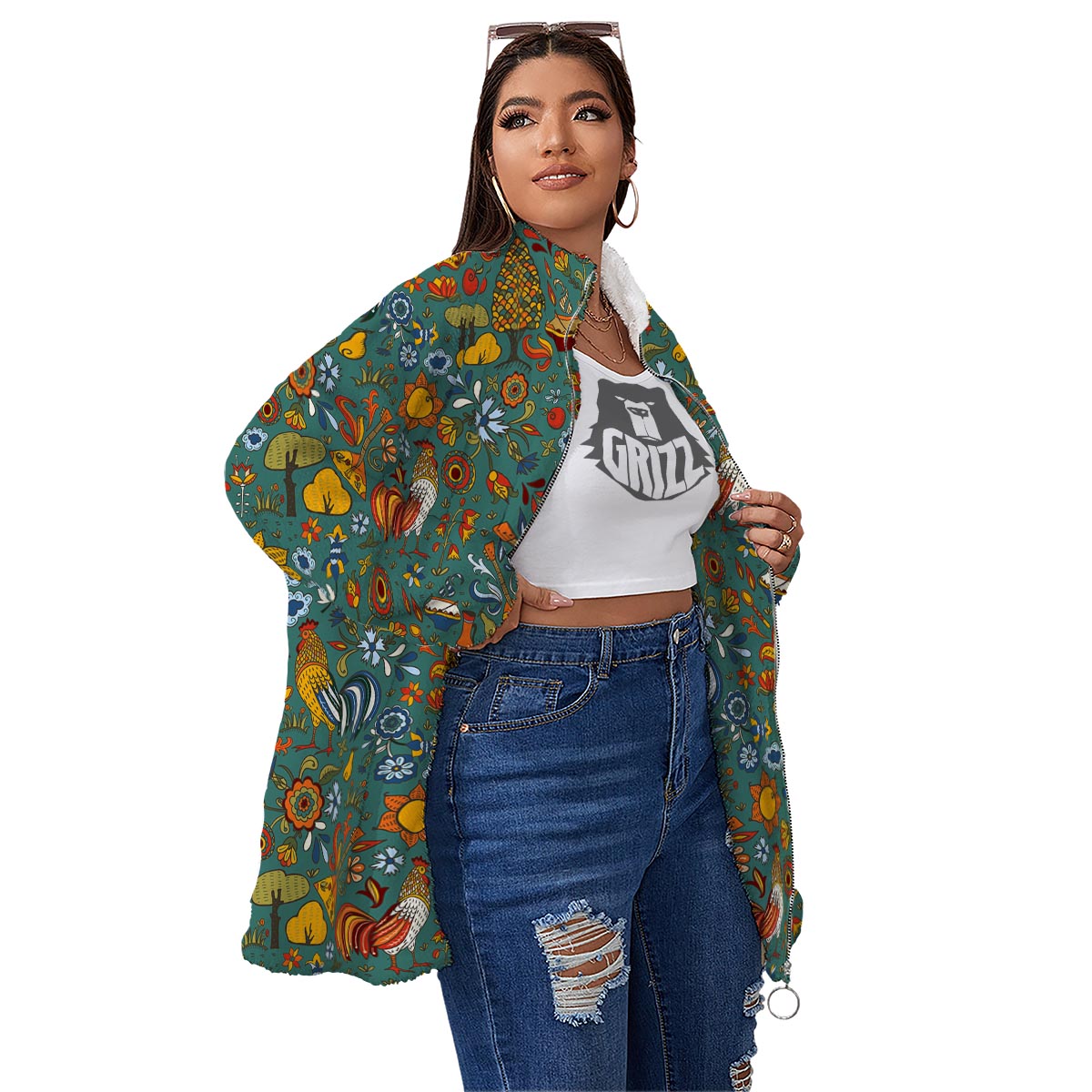 Flower And Rooster Print Pattern Women's Sherpa Jacket-grizzshop