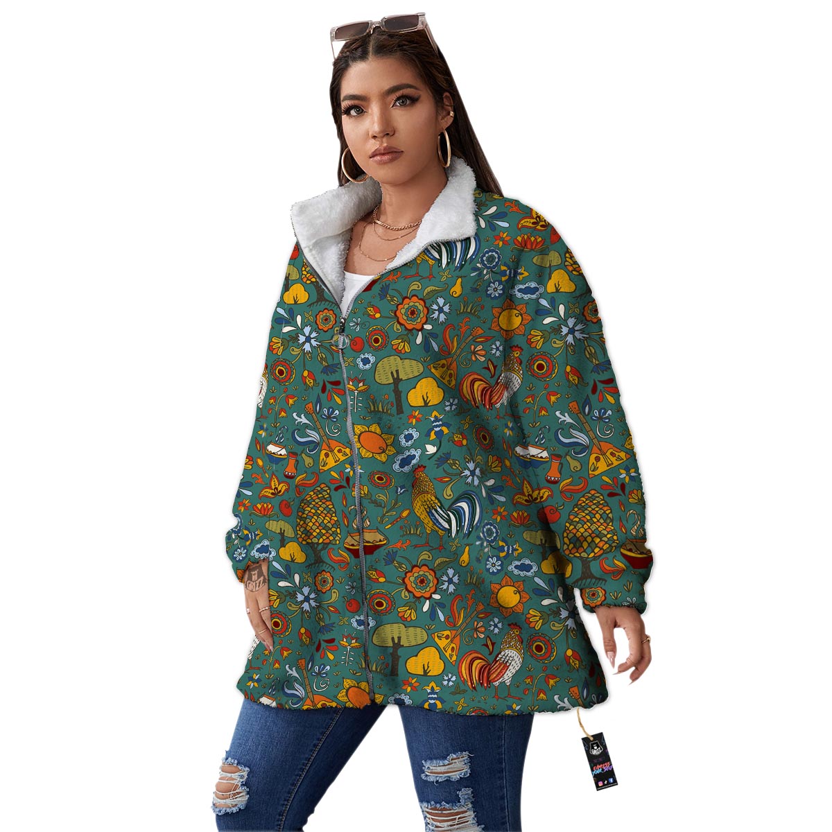 Flower And Rooster Print Pattern Women's Sherpa Jacket-grizzshop